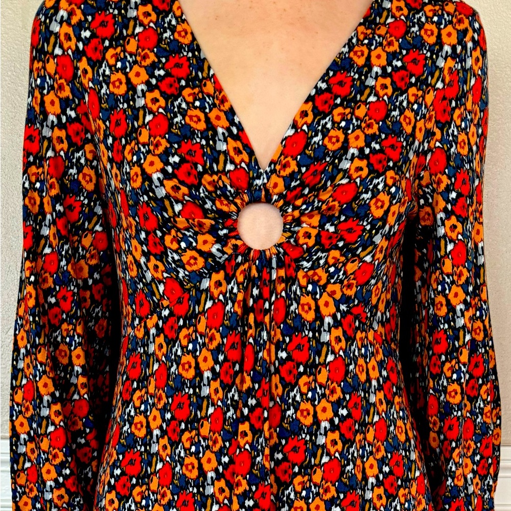 Boden Floral Long Sleeve Dress - Red, Orange, Blue